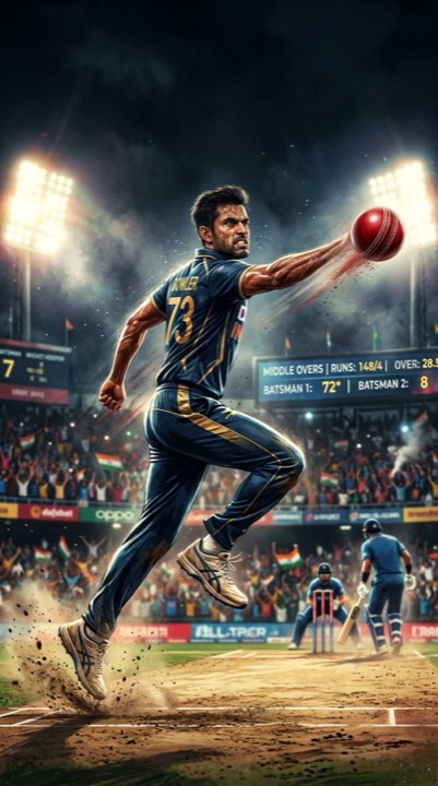 A bowler in his delivery stride under floodlights